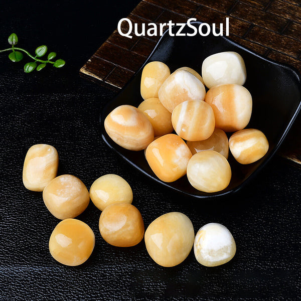 Premium Cream Yellow Jade tumbled stones arranged in black display dish