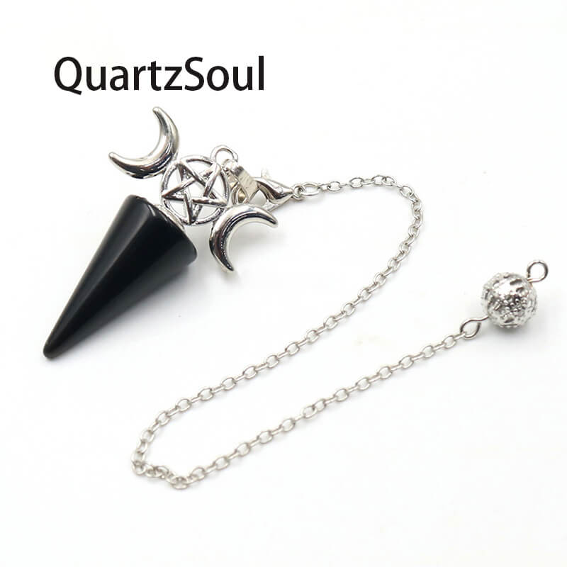 Obsidian divination pendulum with silver moon and pentagram charms