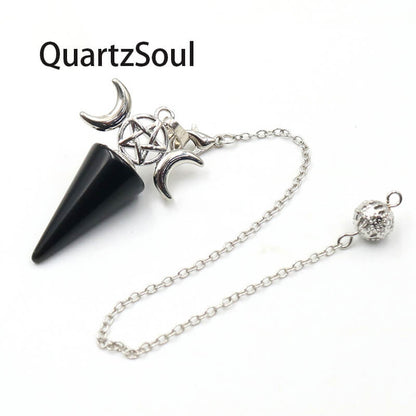 Obsidian divination pendulum with silver moon and pentagram charms