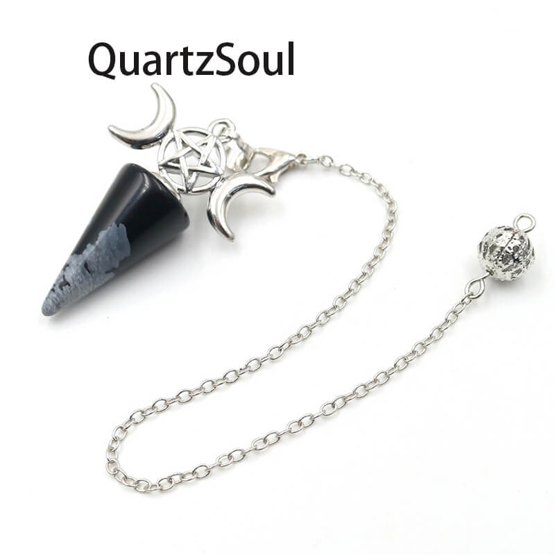 Alabaster crystal pendulum with silver divination symbols on chain