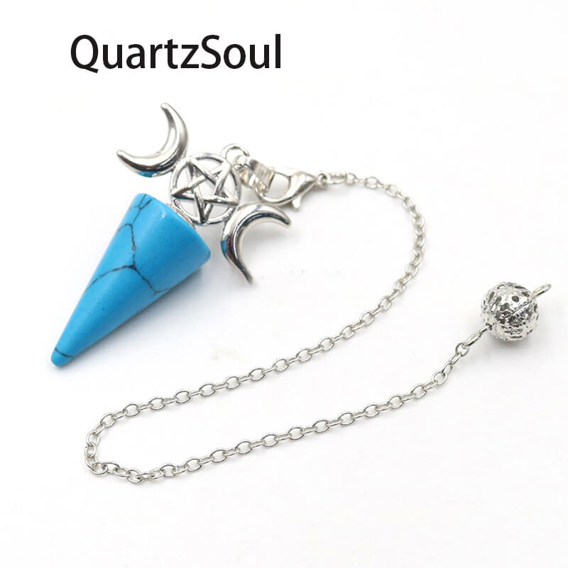 Blue turquoise divination pendulum with silver pentagram and moon charms