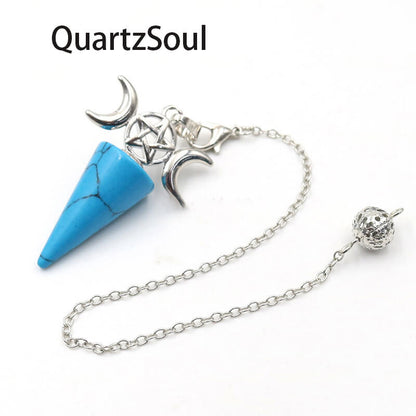 Blue turquoise divination pendulum with silver pentagram and moon charms