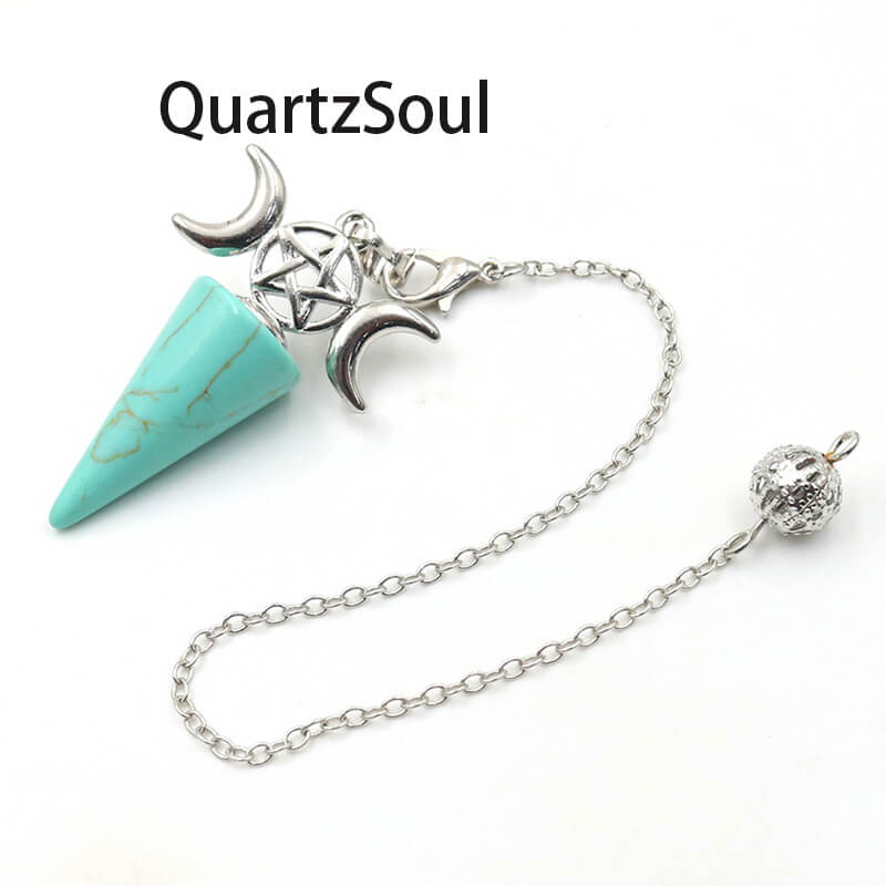 Green turquoise crystal pendulum with spiritual symbols for dowsing