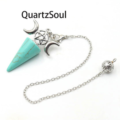 Green turquoise crystal pendulum with spiritual symbols for dowsing