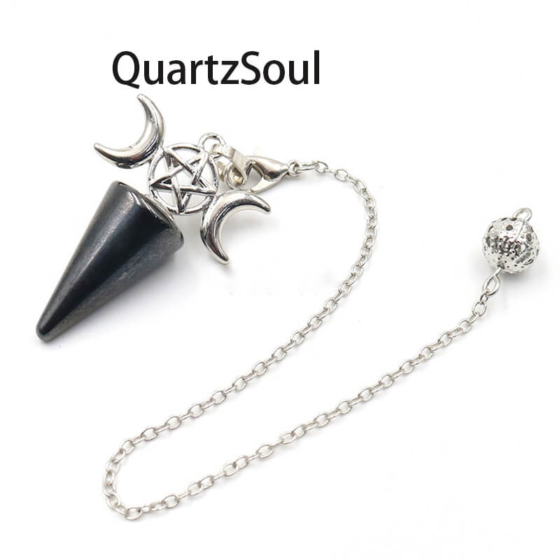 Hematite pendulum with protective pentagram and moon symbols