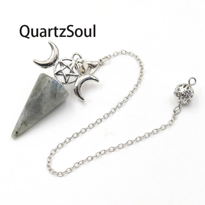Labradorite dowsing pendulum with mystical moon and pentagram charms