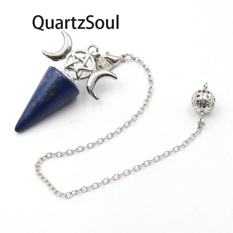 Lapis lazuli pendulum crystal with triple moon and pentagram design