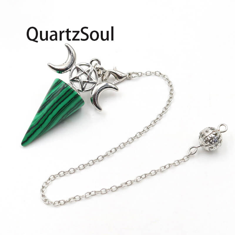 Malachite crystal pendulum with silver spiritual symbols for energy work