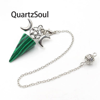 Malachite crystal pendulum with silver spiritual symbols for energy work