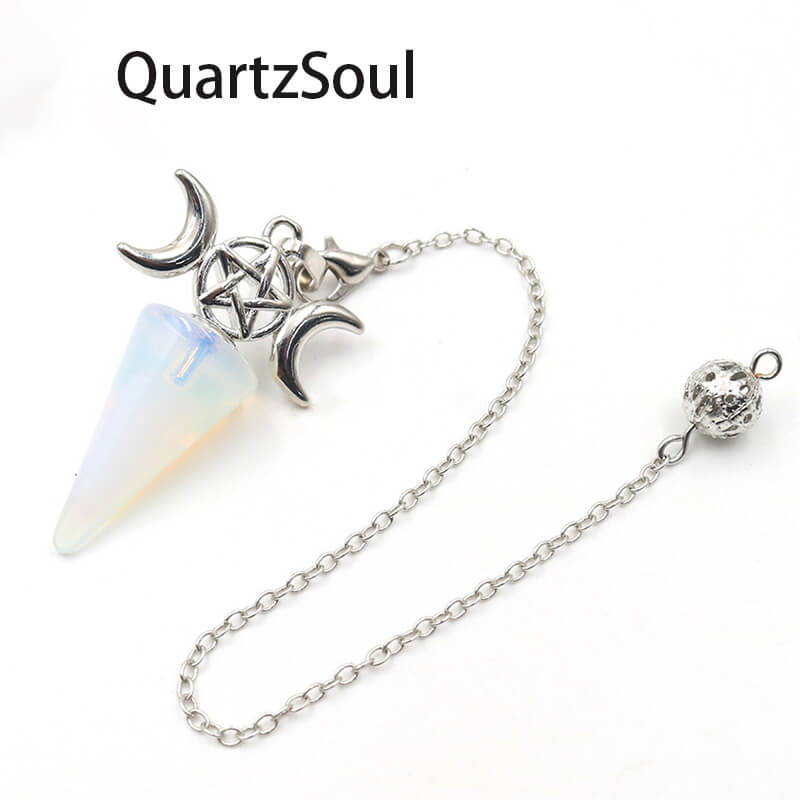 Opal crystal pendulum with pentagram and moon charms for divination