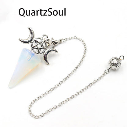 Opal crystal pendulum with pentagram and moon charms for divination