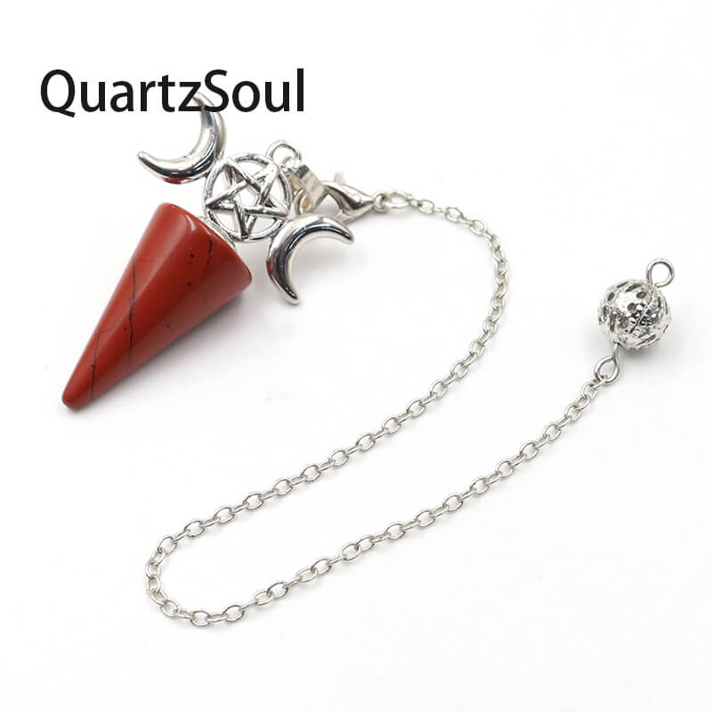 Red Jasper crystal pendulum with silver spiritual symbols for accurate dowsing