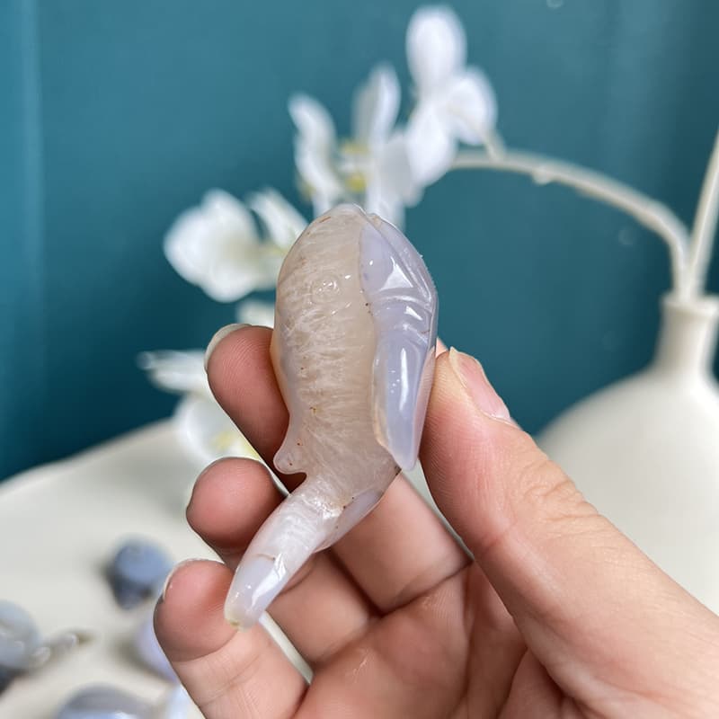 Dolphin agate crystal carving displayed in healing arrangement