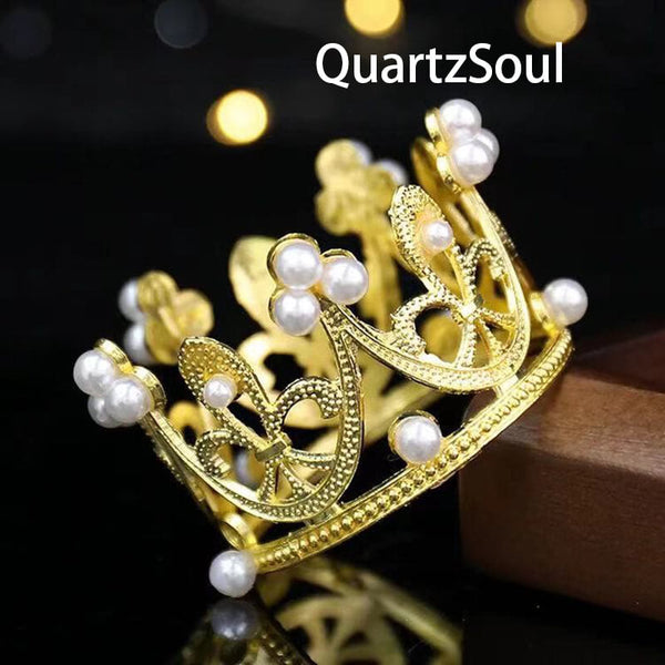 Gold crown crystal ball stand with pearl accents for displaying spheres and specimens