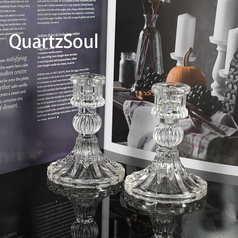 Elegant crystal glass candle holders with ribbed design for displaying candles or crystals