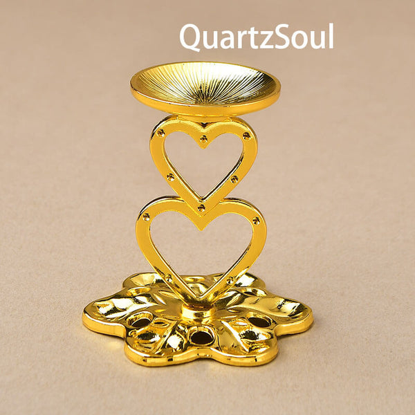 Elegant gold heart-shaped crystal ball stand with flower base for displaying spheres and minerals
