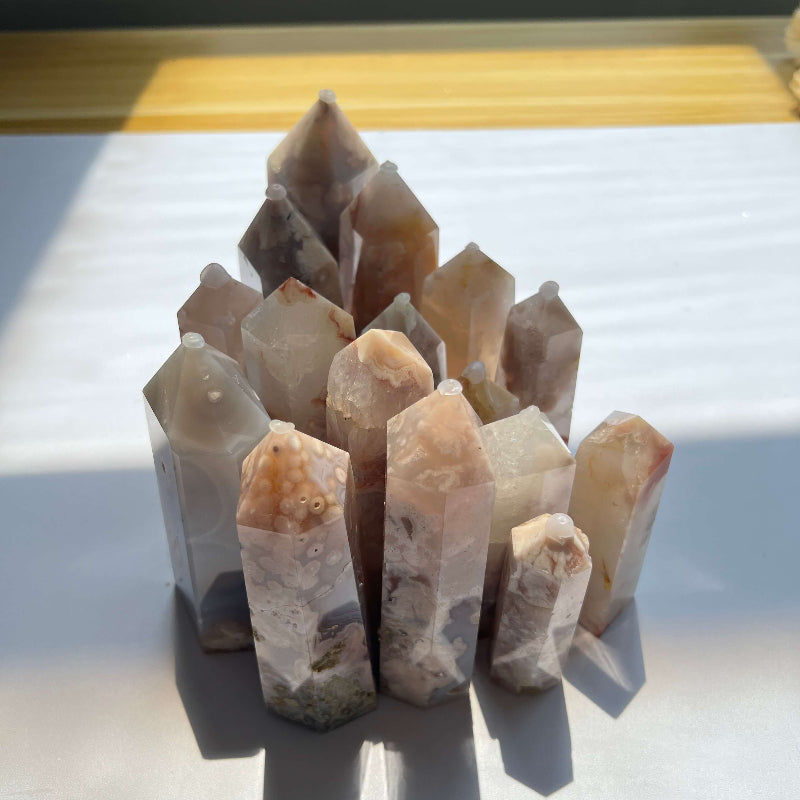Natural Flower Agate Crystal Tower with unique pink patterns