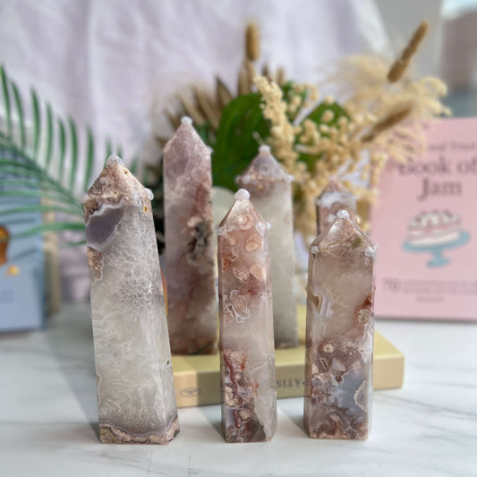 Premium Flower Agate Tower wholesale crystal healing stone with pink floral patterns