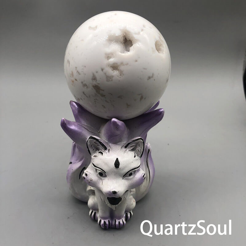 Purple Nine-Tailed Fox Crystal Display Stand Holding Sphere - Decorative Base