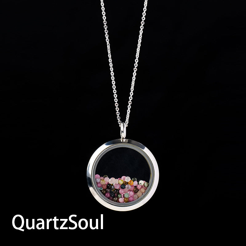 Model Wearing Glass Photo Box Crystal Pendant Necklace