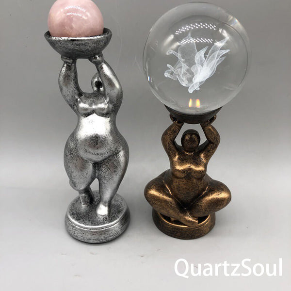 Goddess crystal stands holding rose quartz sphere and crystal ball showcase display