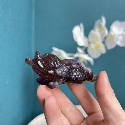 Side View of Golden Toad Ametrine Crystal Carving