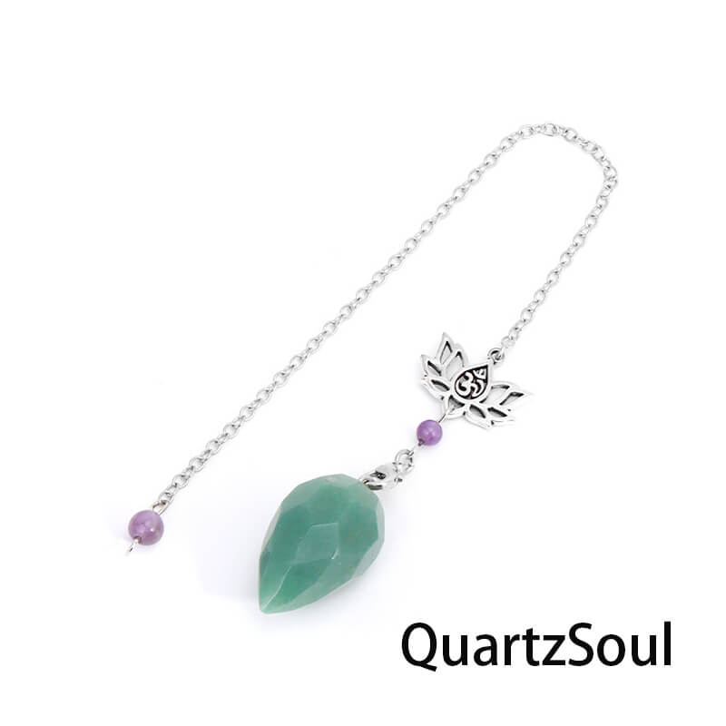 Green aventurine crystal pendulum with lotus charm for abundance and luck