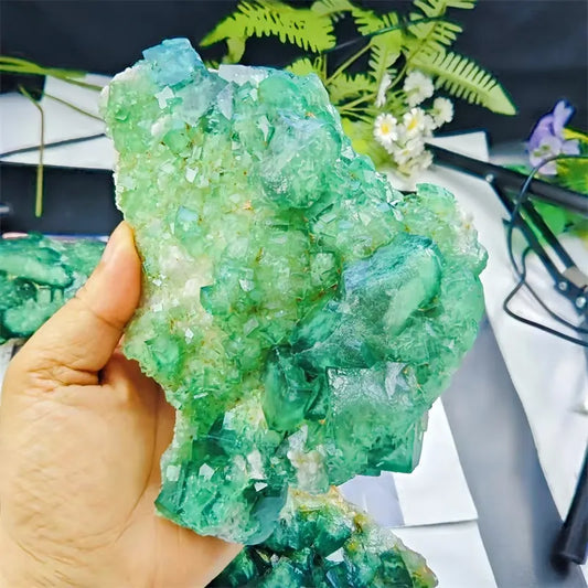 Natural Green Fluorite Crystal Cluster with Vibrant Emerald Color