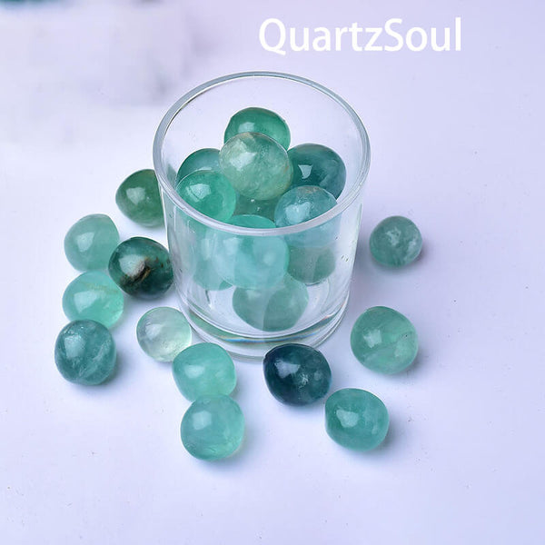 Natural Green Fluorite tumbled stones in glass container, 2-3cm healing crystals