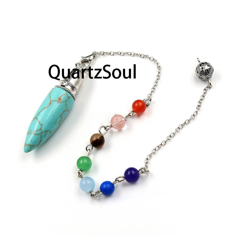 Green Turquoise Crystal Pendulum Dowser with Seven Chakra Beads