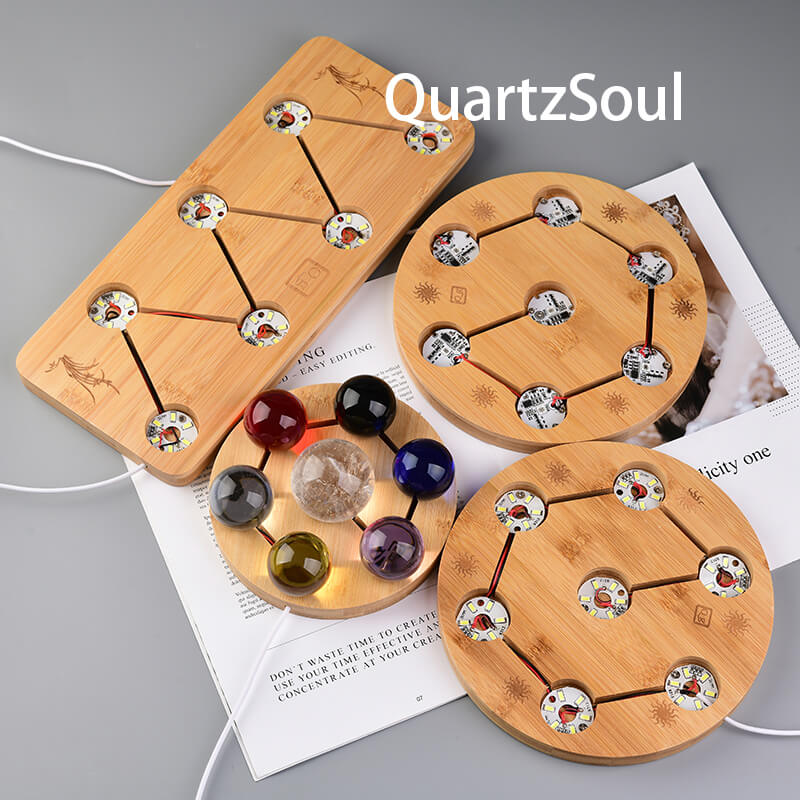 Round bamboo crystal ball stand with LED lights for displaying crystal spheres and minerals