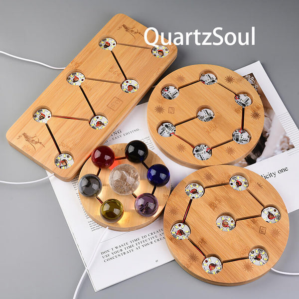 Round bamboo crystal ball stand with LED lights for displaying crystal spheres and minerals