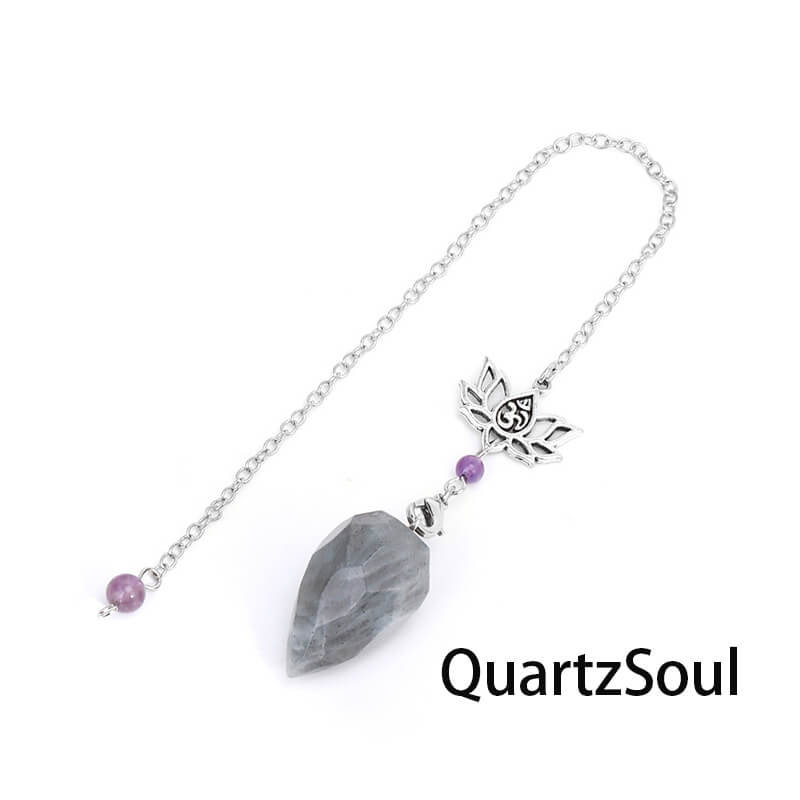 Labradorite crystal pendulum with lotus charm for psychic protection and intuition