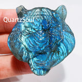 Natural labradorite tiger head crystal carving with blue flash
