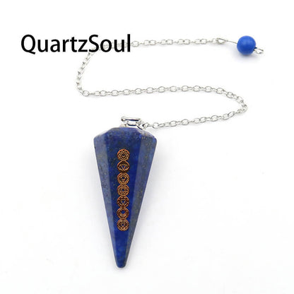  Lapis Lazuli Crystal Pendulum with Chakra Symbols for Wisdom and Truth