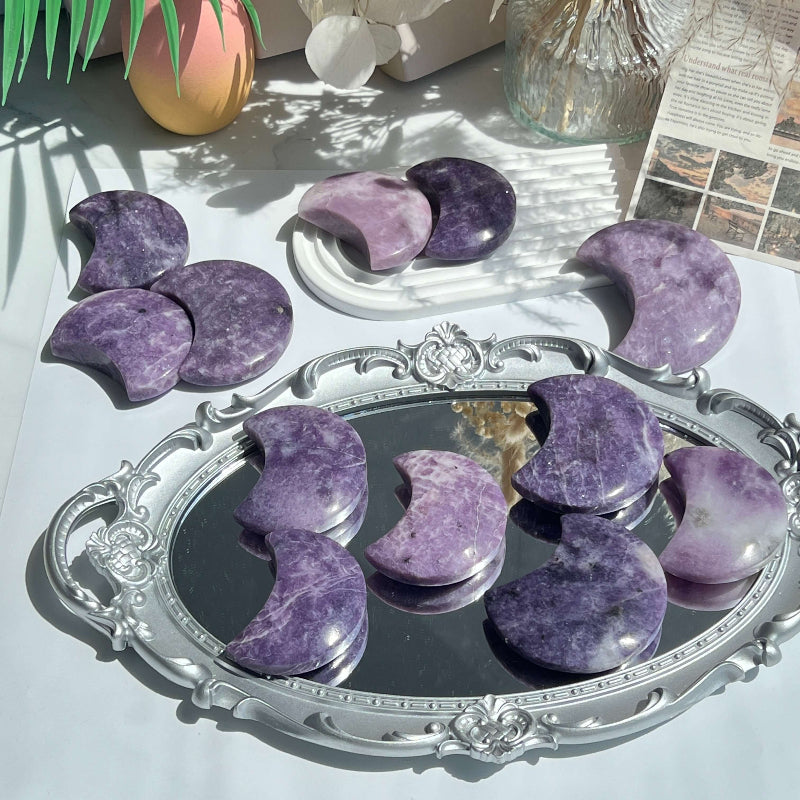 Lepidolite Moon Crystal displayed in meditation setting for stress relief