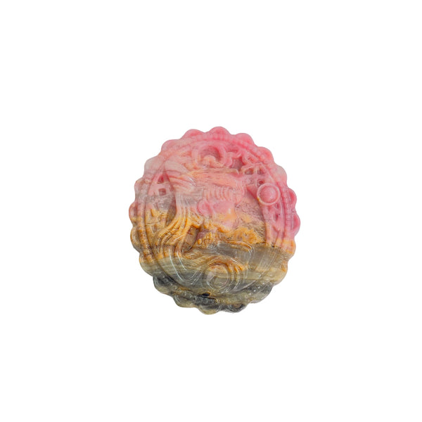 Natural rhodonite crystal with magical girl pattern carving showing pink and yellow layers