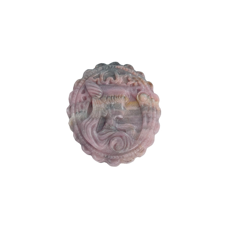 Pink Rhodonite Crystal Carving with Magical Girl Pattern Front View