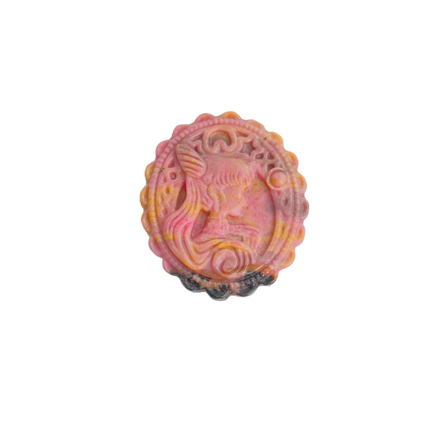 Pink rhodonite crystal carving with magical girl design front view