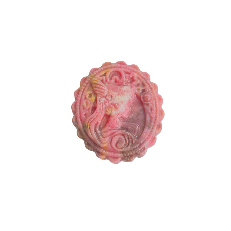 Magical Girl Pattern Rhodonite Crystal Carving Front View Pink Healing Stone