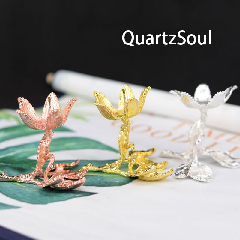 Collection of flower crystal display stands in gold, silver, and rose gold finishes
