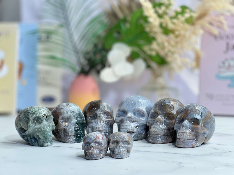 Natural Moss Agate Crystal Skull for Healing and Spiritual Growth
