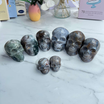 Crystal Healing Layout with Moss Agate Skull Centerpiece
