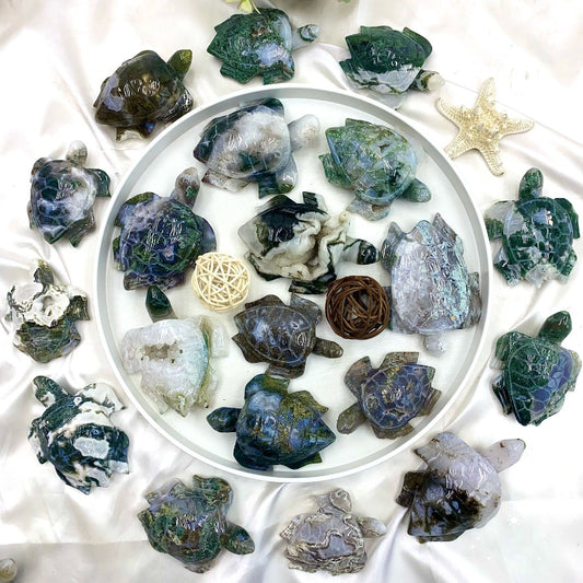 Premium Moss Agate Turtle Crystal Figurines for Wholesale Crystal Supply