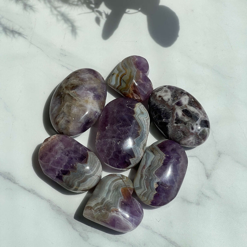Chevron Amethyst Palm Stone Used in Meditation Practice for Spiritual Growth
