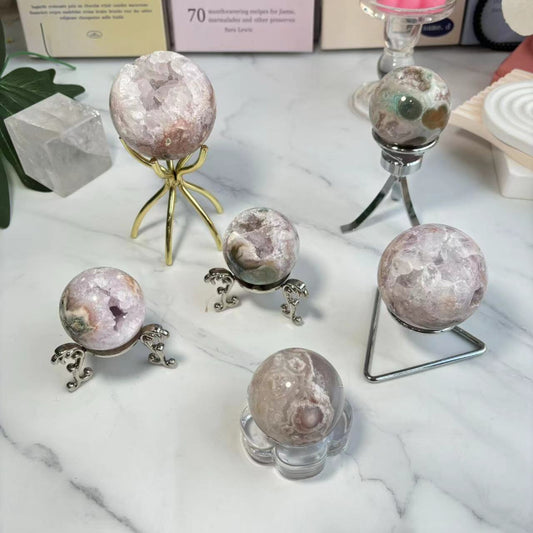 Natural Druzy Sakura Agate Crystal Ball with Pink Floral Patterns
