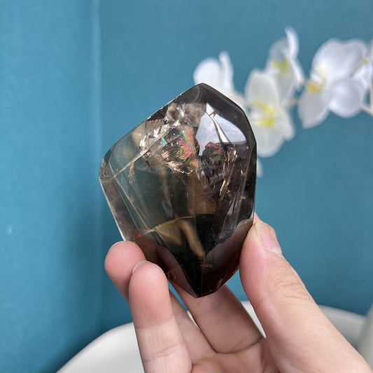 Natural smoky quartz free form crystal with internal inclusions