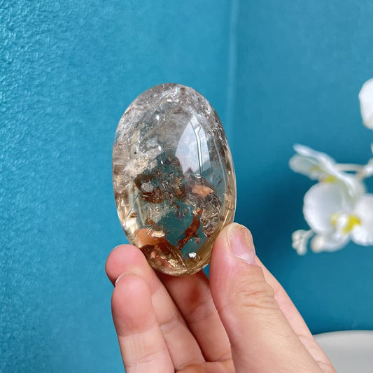 Natural Smoky Quartz Free Form Crystal Palm Stone with Unique Inclusions