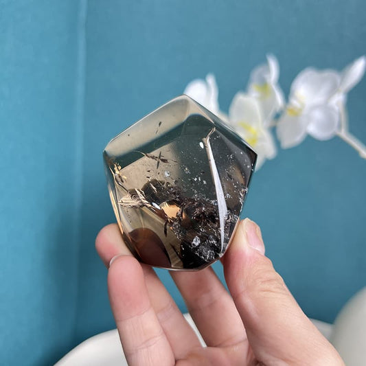 Natural smoky quartz free form crystal with unique polished surface and deep coloration