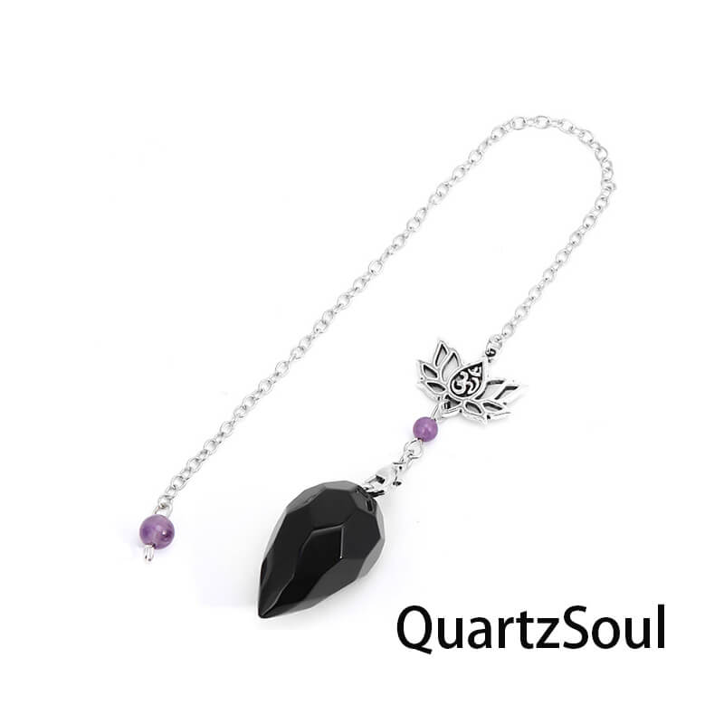 Obsidian crystal pendulum with lotus charm for psychic protection and grounding